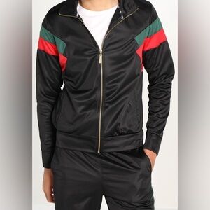 Urban ID size M, Men's Black Track Jacket with Red and Green Stripes, front zip